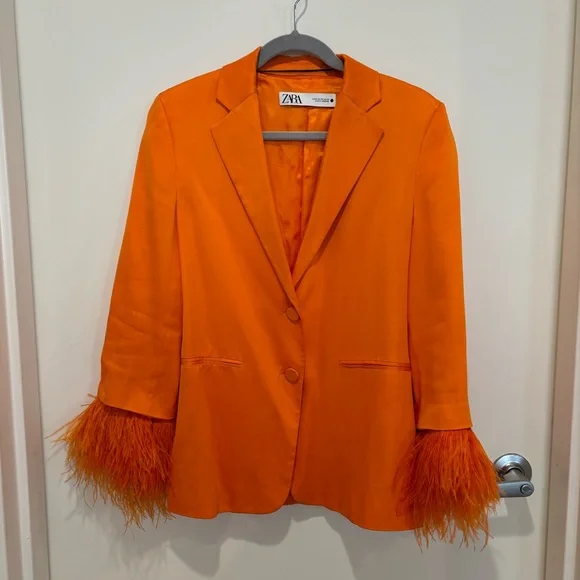 Zara Orange Satin Blazer with Feathers - Picture 5 of 8